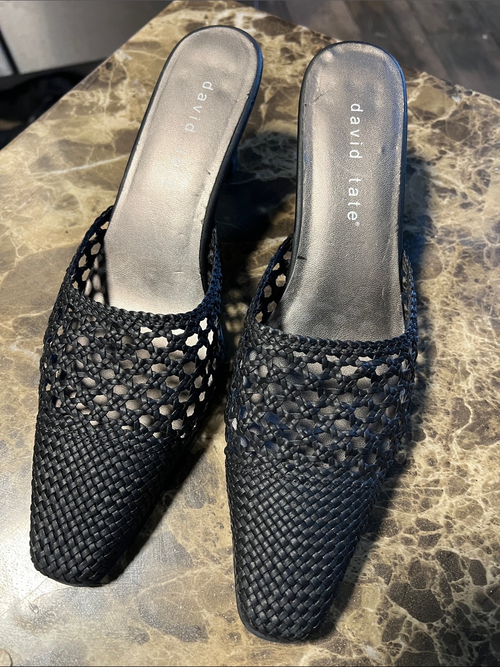 David Tate Black Woven Crochet Mule Slides